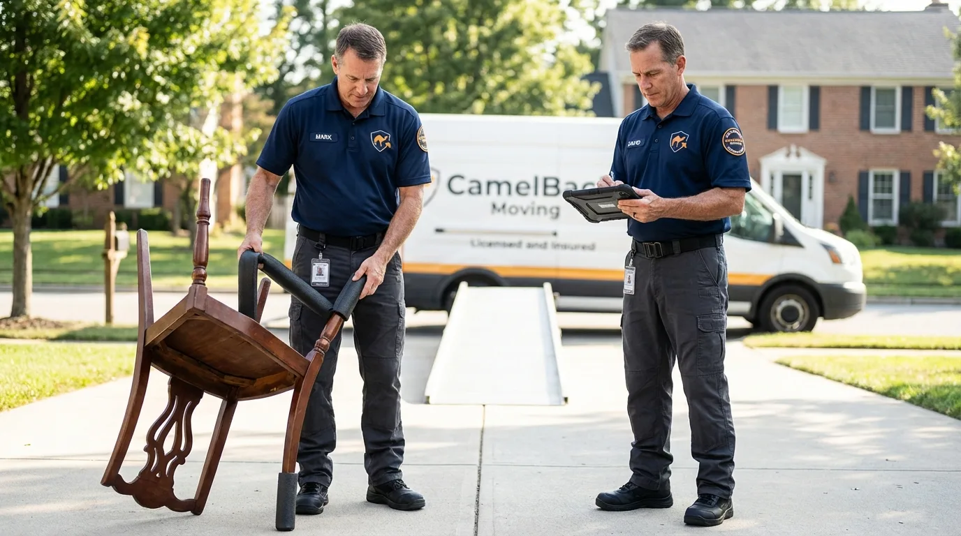 Movers inspecting furniture for damage prevention before loading in Ellaville, GA