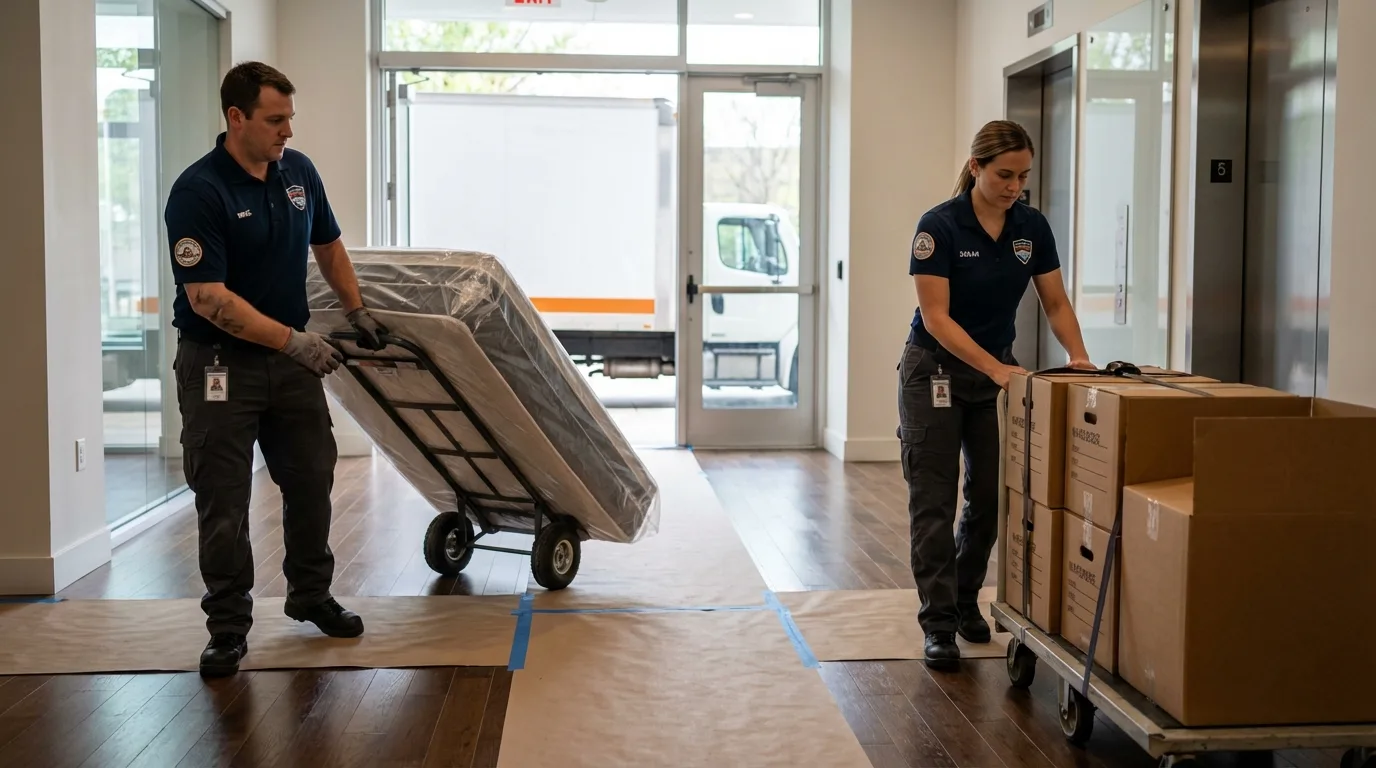 Professional apartment movers loading elevator in Ellaville, GA
